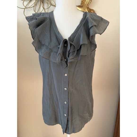 Banana Republic Tops - Banana Republic Cotton Silk Ruffle Blouse Gray Sleeveless Tie Neck XS Top